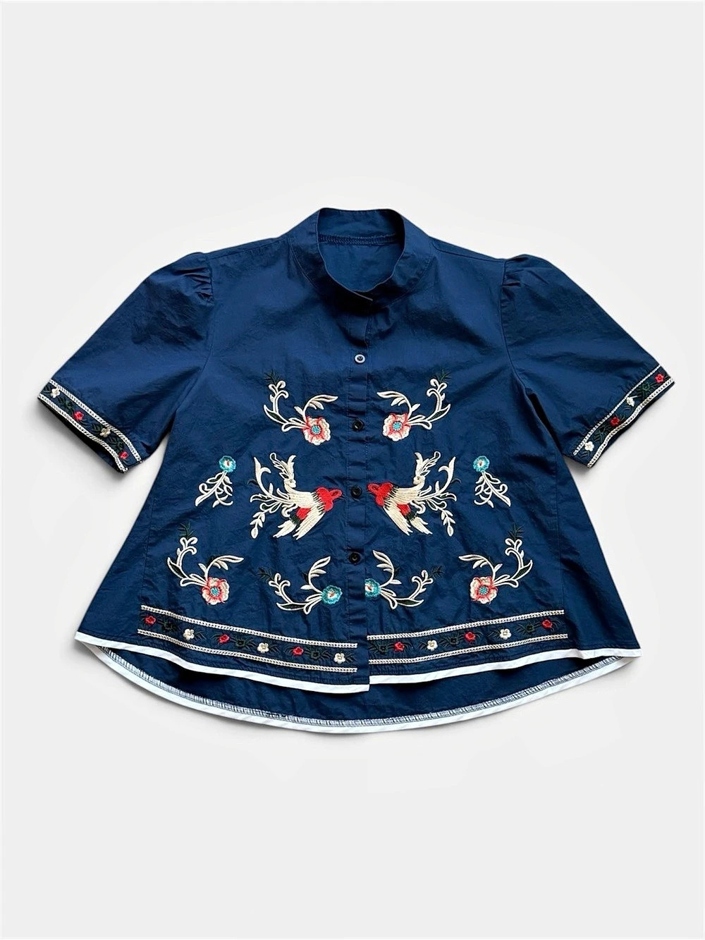 Embroidered Floral Button Down in Blue
